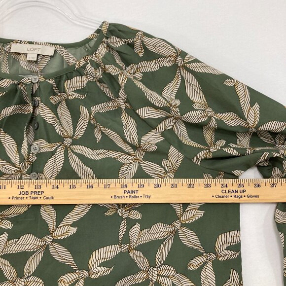 LOFT sz XL Green Tan Floral Abstract Balloon Sleeve Button Popover Blouse Office - Picture 6 of 9